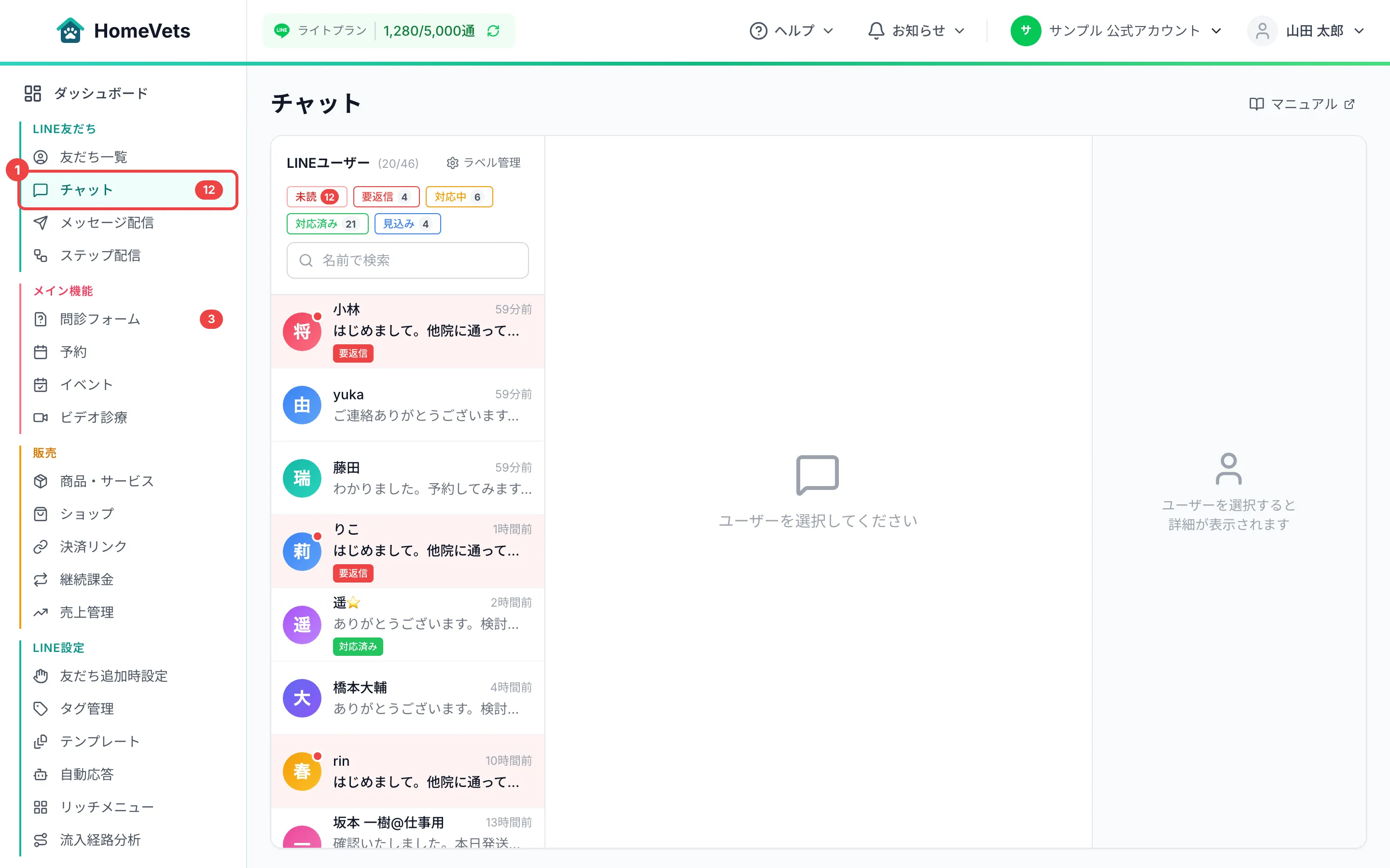 サイドメニューの「LINE友だち」の中の「チャット」に番号を付けた画面