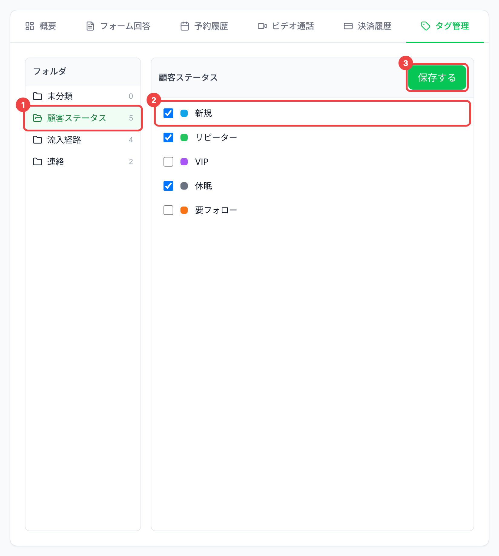 「タグ管理」のタブでフォルダ「顧客ステータス」を選び、1つ目のタグのチェックを切り替えて「保存する」が出た画面
