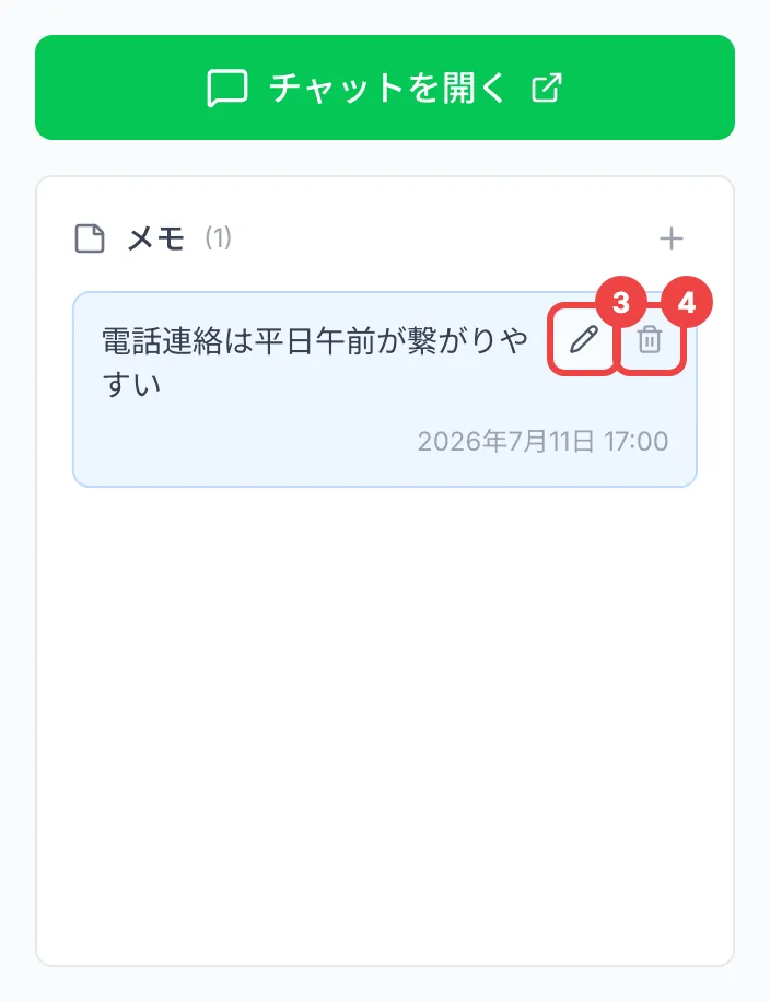 友だちの詳細の右側の「メモ」の欄で、メモにマウスを重ねて出た鉛筆とゴミ箱のアイコンに番号を付けた画面