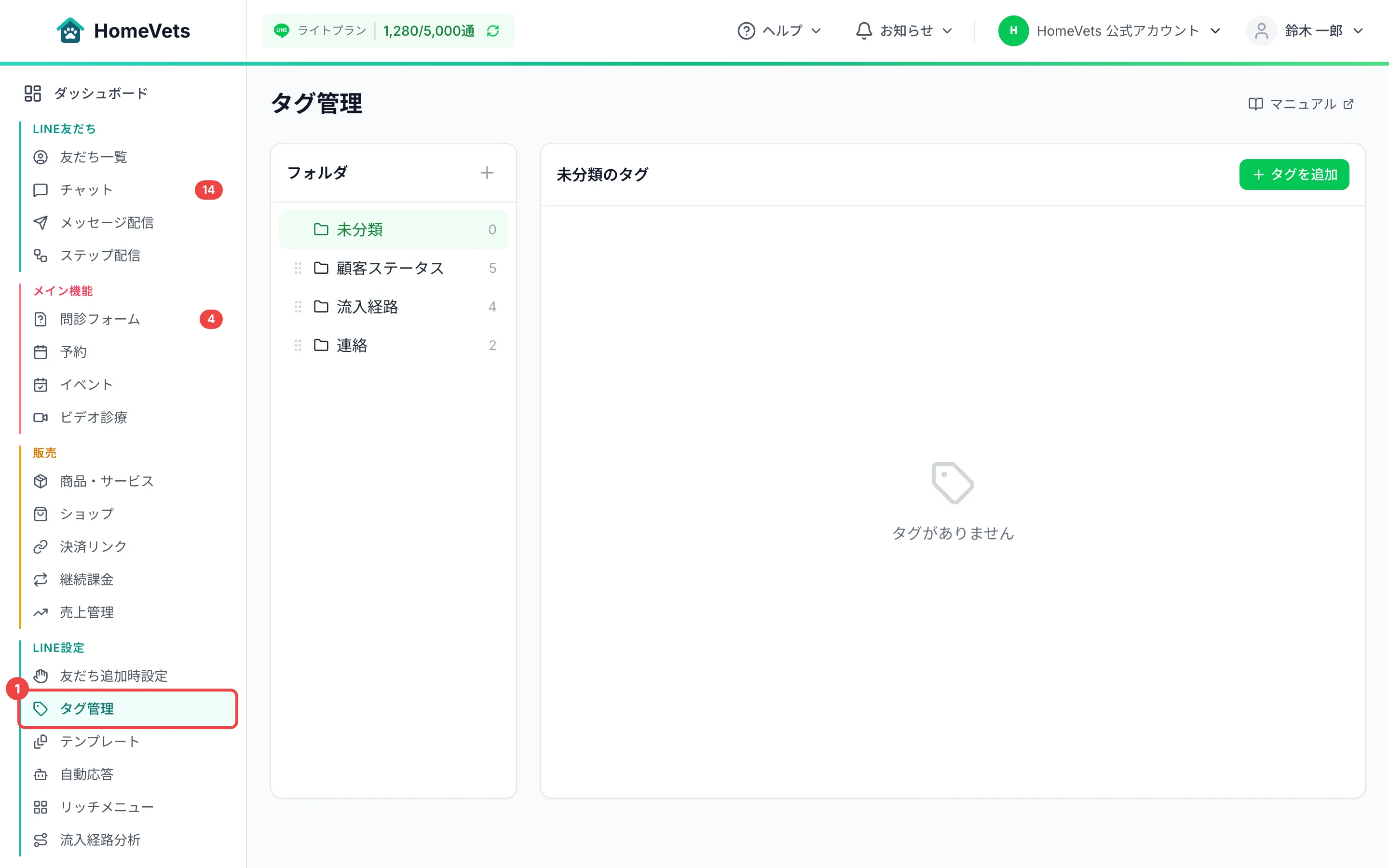 サイドメニューの「タグ管理」に番号1を付けた画面